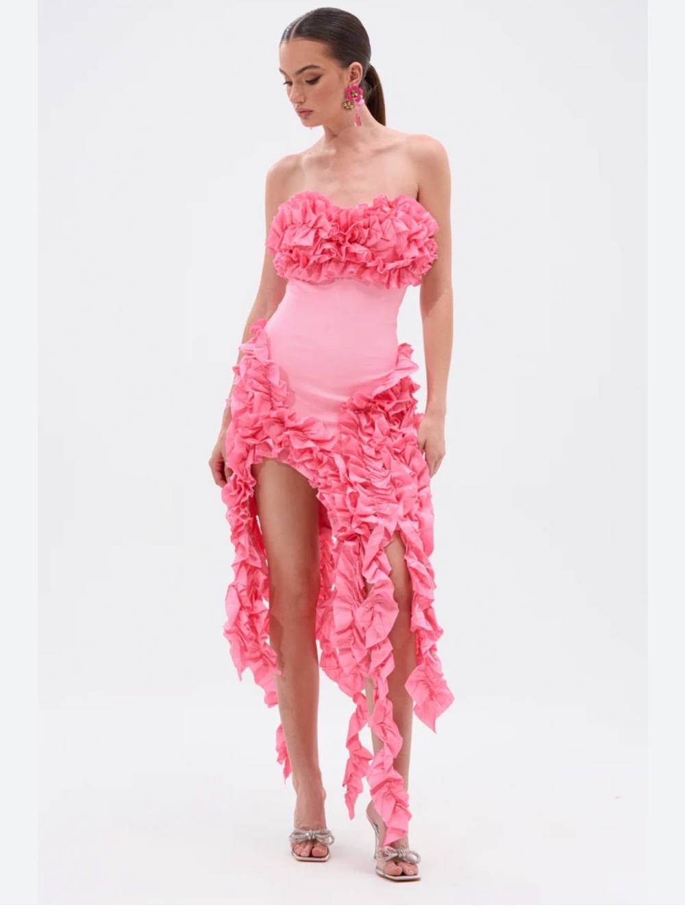 Strapless Ruffled Pink Evening Dress